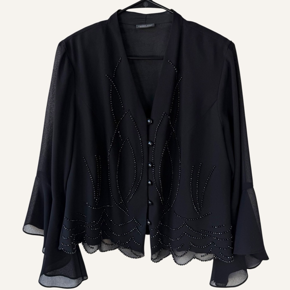 Dressbarn Black Beaded Sheer Flowy Fairy Bell Sleeve Blouse‎ Jacket Size 14W